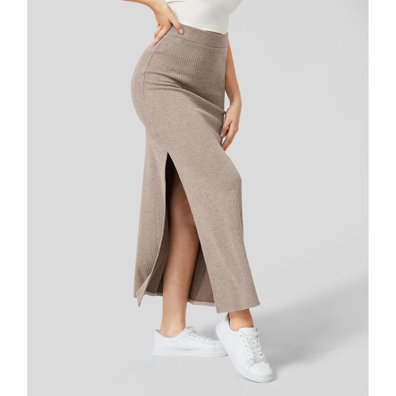 Halara Ribbed High Waisted Split Hem A Line Maxi Casual Skirt