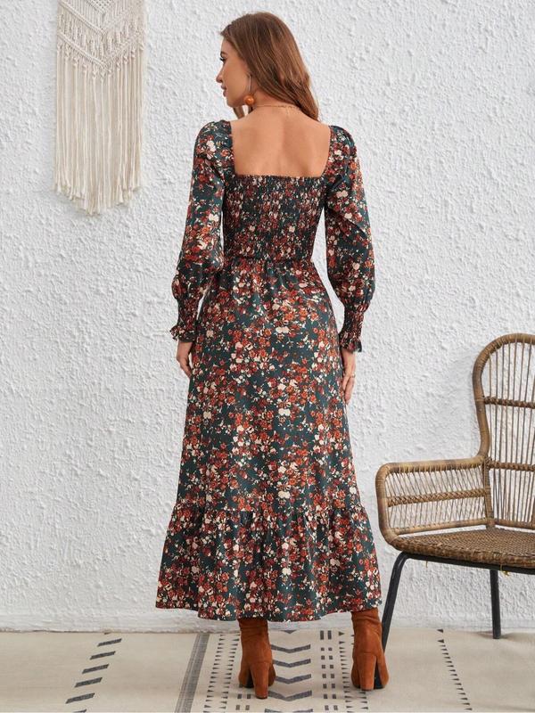 Women's Ditsy Floral Print Frill Trim Shirred A Line Dress, Elegant Bishop Sleeve Square Neck Long Dress for Fall, Fall Outfits, Birthday Dresses 2024, Women's Clothing for Daily Wear