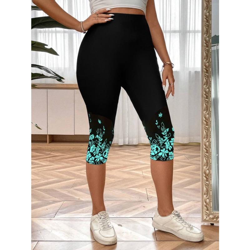 Women's Casual Capri Leggings Floral Print High Rise Slight Stretch Skinny Capri Leggings