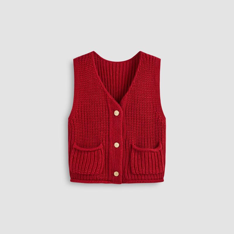 Cider [2 colors, size 2-26] Knit V-neck Solid Button Pocket Crop Vest