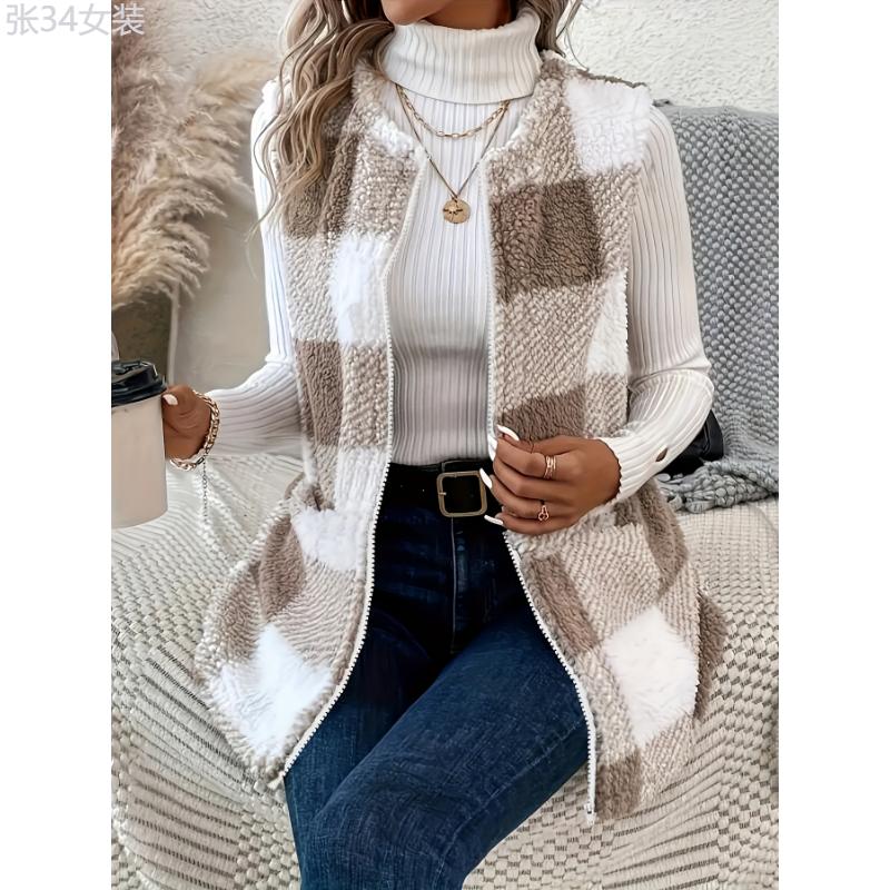 Plus Size Plaid Fuzzy Vest Jacket, Elegant, Sleeveless, Warm, Fall Winter Collar Fabric