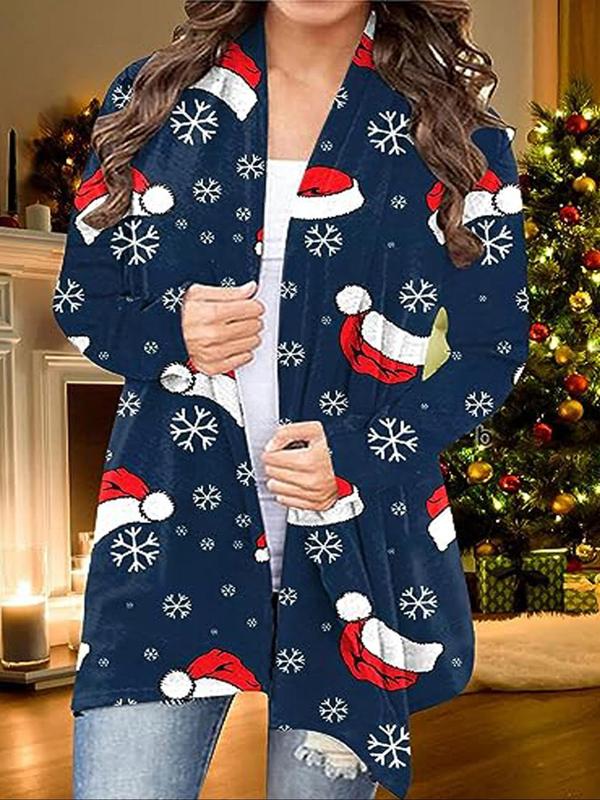  Snowman Print Open Front Coat, Casual Long Sleeve Outerwear for Fall & Winter, Women's Clothes for Daily Wear