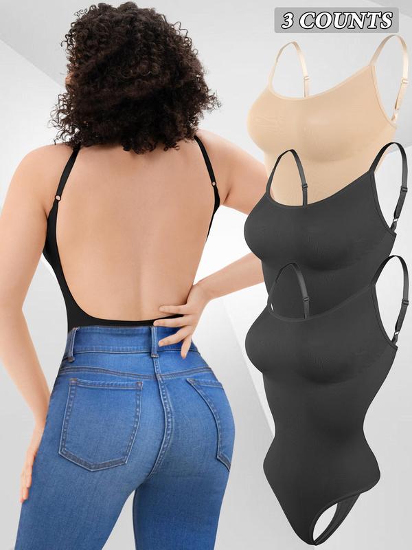 Women's Solid Backless Shapewear Bodysuit, Adjustable Strap Seamless Tummy Control Shaper, Women's Shapewear for Daily Wear