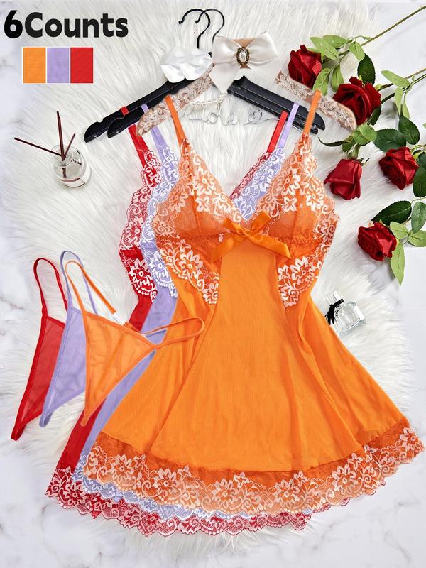 Women's Contrast Lace Bow Decor Cami Nightdress & Thong Sexy Lingerie Set, Soft Comfy Breathable V Neck Sleeveless Nighty Dress Sleep Dress & Panty Set, Women's Sleepwear & Loungewear Set for All Seasons