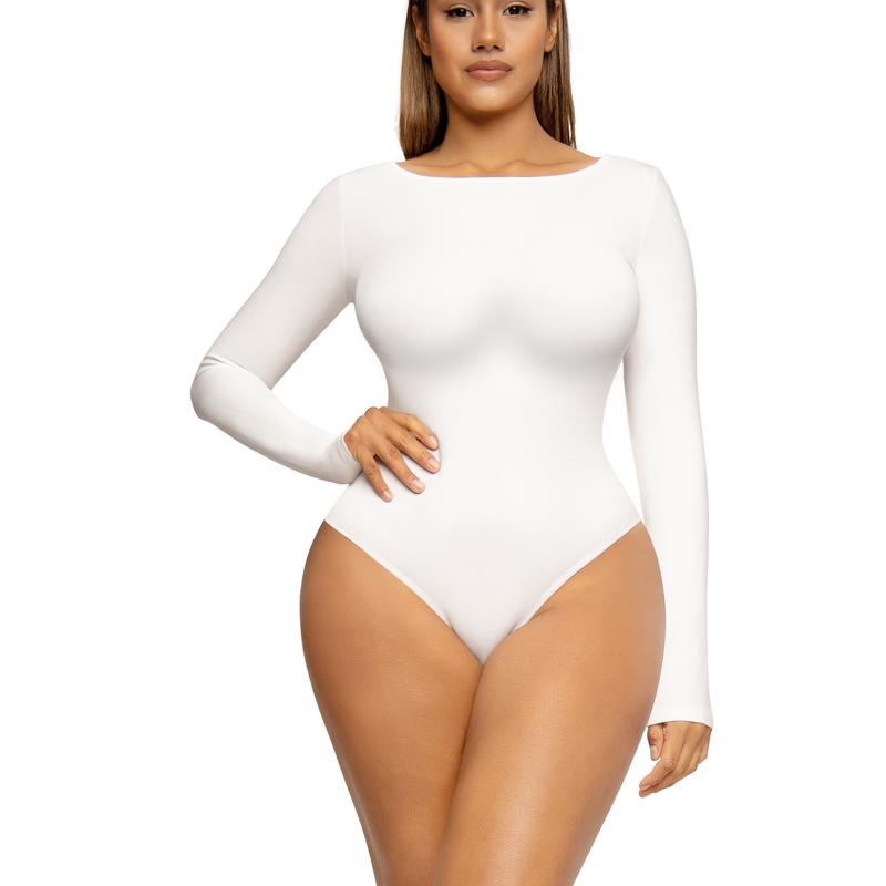 FeelinGirl Women's Scoop Neck Long Sleeve Thong Body Suit Soft Body-Hugging Going Out Tops Basic  Comfortable Womenswear Fashion Spandex Bodysuits Button Bodysuits Button Lady