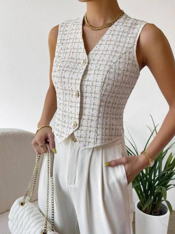 Women's Plaid Pattern Faux Pearl Button Front Asymmetrical Hem Vest, Chic Fitted V-neck Lady Tops, Fashion Blazer Vest for Office Wear, Vest Outfits for Women, Corporate Outfits Women, Women's Suits for Spring Fall, Going Out Tops, Summer Outfits 2024