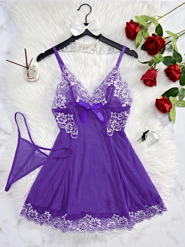 Women's Contrast Floral Lace Bow Decor Cami Nightdress & Thong Sexy Lingerie Set, Adjustable Spaghetti Strap Nightgown & Panty, Ladies Sleepwear Set