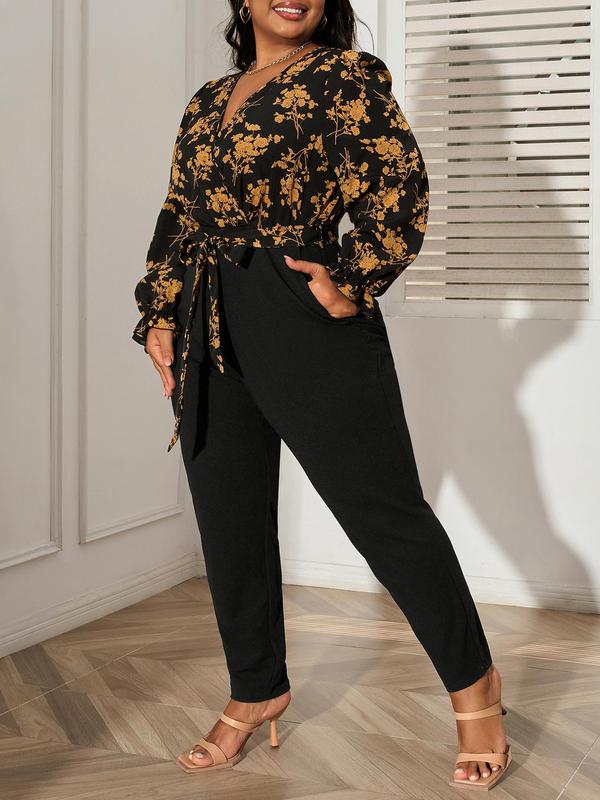 CURVZY Plus Size Floral Patchwork Print Pocket Belted Wrap Jumpsuit, Casual Long Sleeve V Neck Jumpsuit for Fall, Women's Clothes for Daily Wear,Thanksgiving Outfit,Black Friday Haul,Black Out Wednesday Outfits