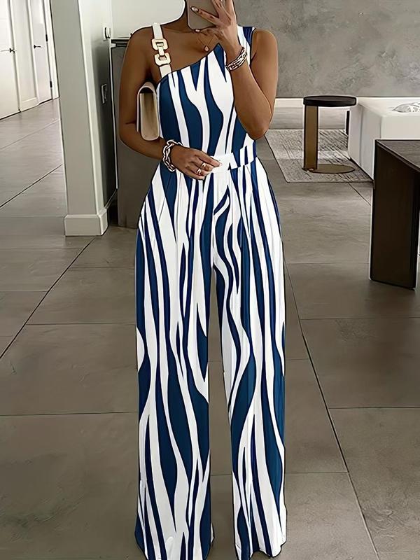 Women's Floral Print Ring Linked Asymmetrical Neck Plicated Jumpsuit, Jumpsuit for Women, Back To School Outfits, Elegant Jumpsuit 2024, Boho Casual High Waist Wide Leg Jumpsuit for Summer, Summer Outfits 2024