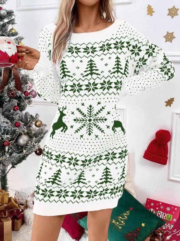 Christmas Deals Women's Christmas Print Round Neck Bodycon Sweater Dress, Casual Long Sleeve Crew Neck Knit Dress for Party Holiday Vacation, Women Crewneck Knitwear Christmas 2024 Trend, Fall & Winter Outfits