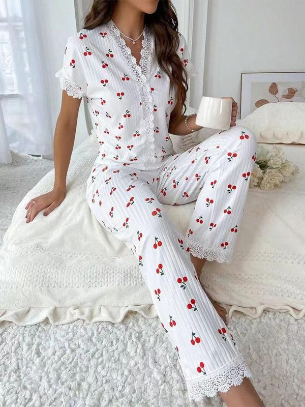 Two-Piece Set Women's Cherry Print Contrast Lace V Neck Pajama Set, Casual Comfy Short Sleeve Tee & Pants PJ Set, Ladies Sleepwear for All Seasons