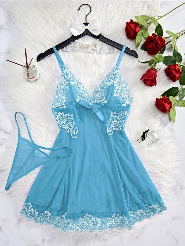 Women's Contrast Floral Lace Bow Decor Cami Nightdress & Thong Sexy Lingerie Set, Adjustable Spaghetti Strap Nightgown & Panty, Ladies Sleepwear Set