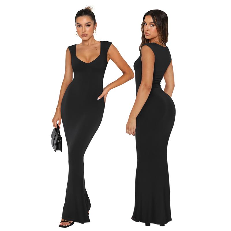 REORIA Women's Sexy Square V Neck Cap Sleeve Elegant Lounge Long Dress Ribbed Bodycon Maxi Dresses Casual Womenswear Light Casual Wear Fabric Jacket