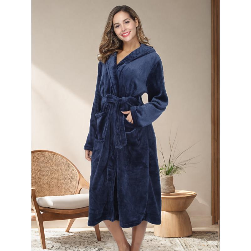 Long Sleeve Solid Fuzzy Hooded Robe With Belt, Women's Sleepwear Night Robe Women's Fabric Womenswear