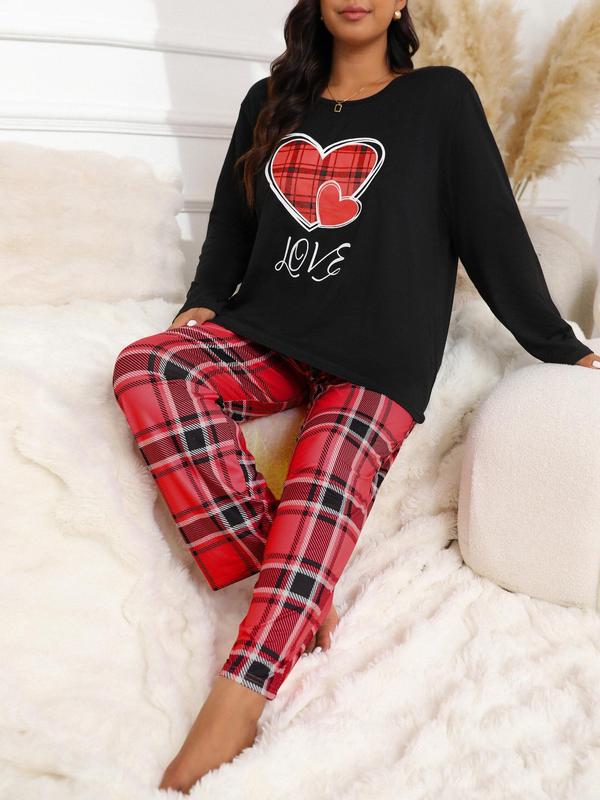  Two-piece Set Long Sleeve Heart Print Tee & Plaid Print Bow Decor Pants Pyjama, Casual Comfy Round Neck Top & Trousers Pj Set, Women's Sleepwear for Spring & Fall