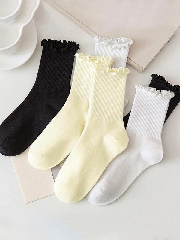 Women's 6 Pairs Frill Trim Crew Socks, Casual Soft Comfy Breathable Socks for Women, Multi-pack Plain Socks for Daily Wear, Women's Socks & Hosiery, Fall Wear, Fallfreshness