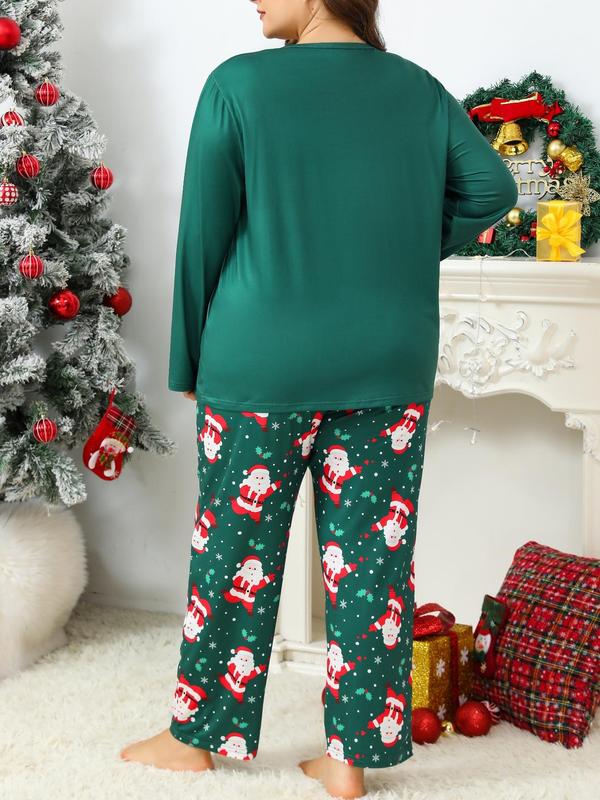  Two-Piece Set Letter & Christmas Print Pajama Set, Casual Comfy Round Neck Long Sleeve Top & Pants, Women's Sleepwear for Spring & Fall