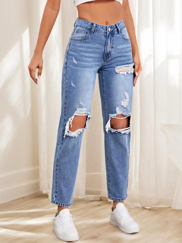 Women's Plain Ripped Button Straight Leg Jeans, Casual Pocket Design Denim Trousers for Fall & Winter, Women's Bottoms for Daily Wear