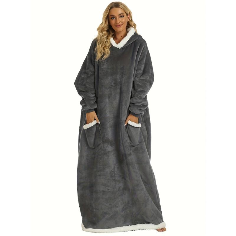 Plus Size Casual Loungewear Robe, Women's Plus Long Sleeve Hooded Flannel Cozy Wearable Blanket With Pockets