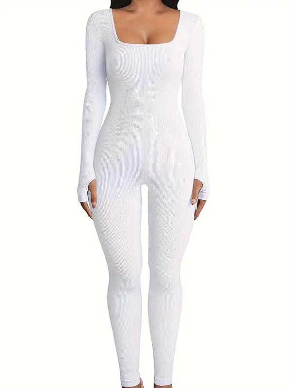 Women's Solid Ribbed Long Sleeve Shapewear Jumpsuit, Casual Comfy Square Neck Tummy Control Shapewear Jumpsuit for Daily Wear, Ladies Sleepwear for All Seasons, Fall Wear, Fallfreshness