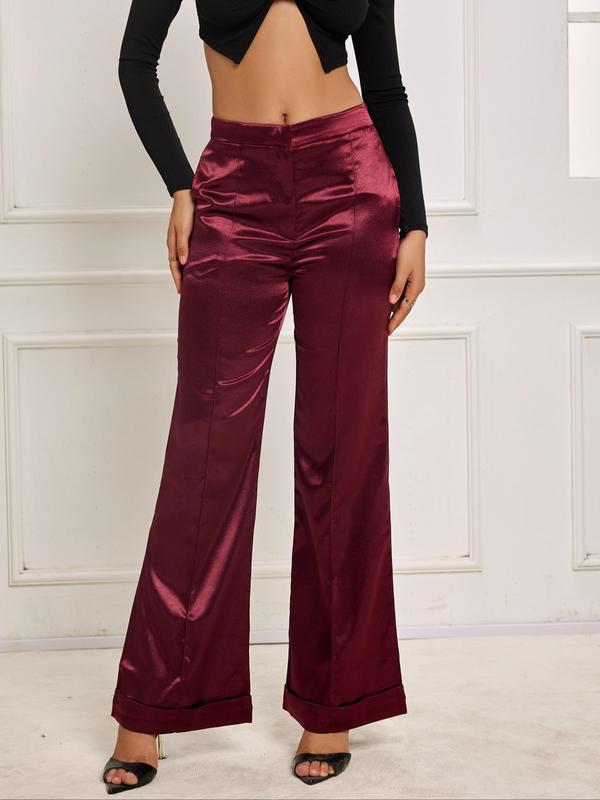  Women's Plain High Waist Flare Leg Pants, Casual Pocket Satin Trousers, Comfortable Chic Pants for Women, Ladies Summer Bottoms for Daily Wear, Downtown Girl Clothes