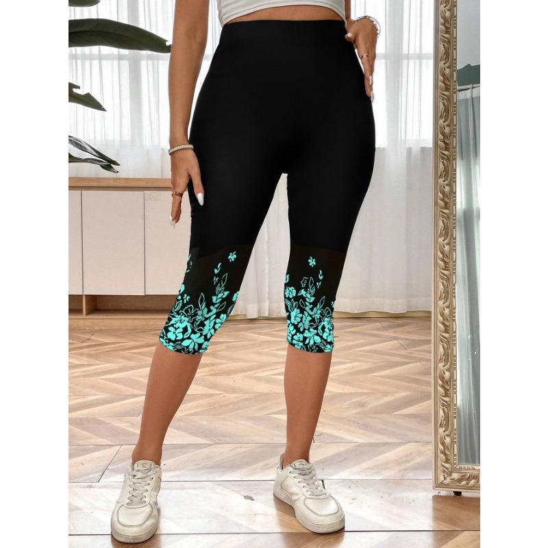 Women's Casual Capri Leggings Floral Print High Rise Slight Stretch Skinny Capri Leggings