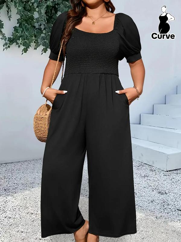 Plus Size Plain Shirred Pocket Wide Leg Jumpsuit, Casual Comfort Elegant Square Neck Puff Sleeve Jumpsuit, Back To School Clothes, Jumpsuit for Women, Women's Summer Clothes for Daily Womenswear