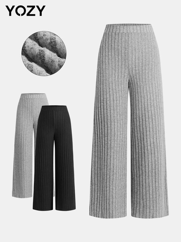 YOZY [3 colors] Ribbed Elastic Waist Pants, Casual Comfy Solid Wide Leg Trousers, 2024 Women's Daily Wear for Spring & Fall