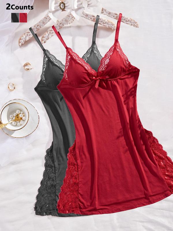 Women's Contrast Lace Bow Decor Cami Nightdress, Elegant Spaghetti Strap Nightgown, Soft Comfortable Sleepwear for Women