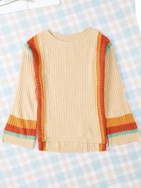  Colorblock Striped Print Drop Shoulder Sweater, Casual Long Sleeve Round Neck Jumper for Fall & Winter, Women's Plus Clothing for Daily Wear