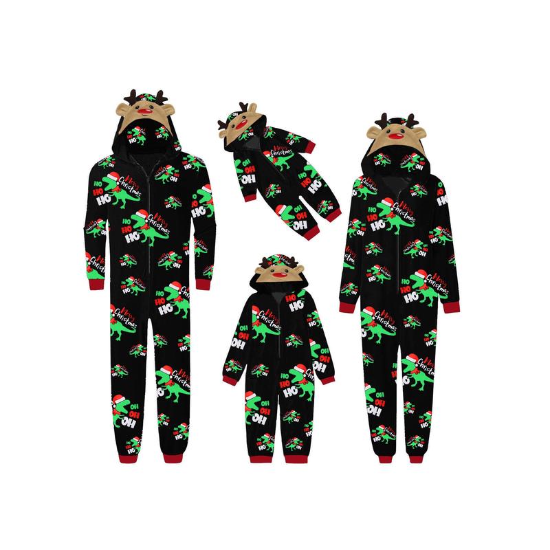 Black Green Christmas Family Matching Jumpsuit, Long Sleeve Hooded Dinosaur Print Zipper Closure Loungewear