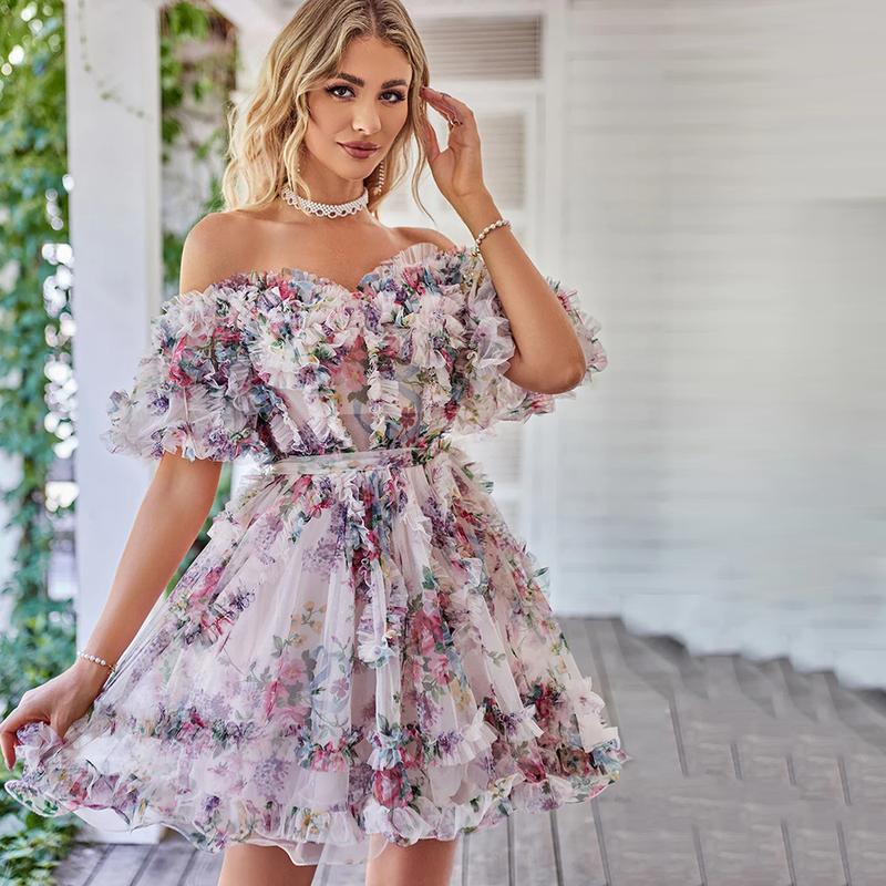 ZAPAKA-Beautiful A-Line Off the Shoulder Tulle Short Homecoming Dress with Short Sleeves sherri hill  homecoming