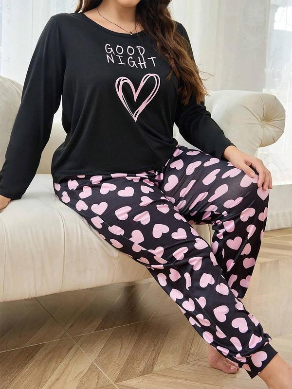  Two-piece Set Heart & Letter Print Pyjama, Casual Comfy Round Neck Long Sleeve Top & Pants PJ Set, Women's Sleepwear for All Seasons