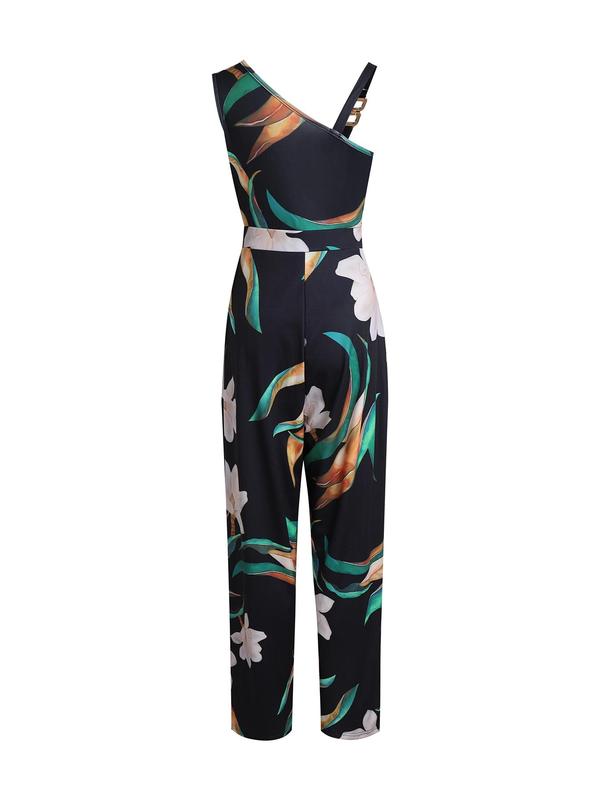 Women's Floral Print Ring Linked Asymmetrical Neck Plicated Jumpsuit, Jumpsuit for Women, Back To School Outfits, Elegant Jumpsuit 2024, Boho Casual High Waist Wide Leg Jumpsuit for Summer, Summer Outfits 2024