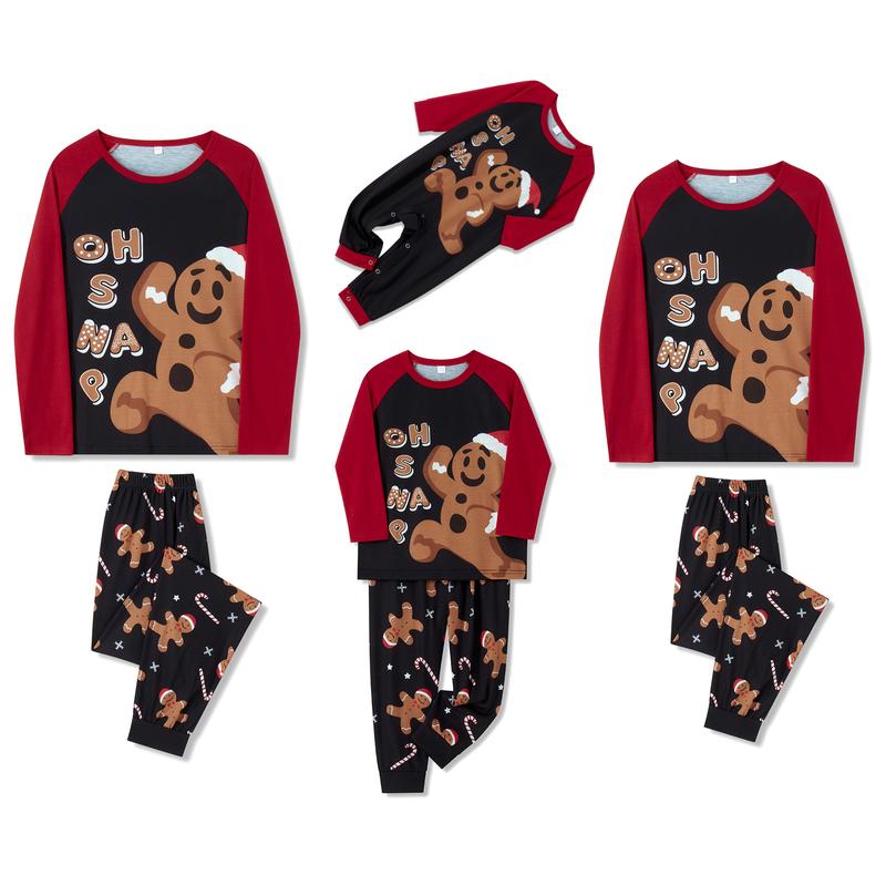 Gingerbread Man Print Matching Christmas Pajamas For Family, Long Sleeve Gingerbread Man Print Tops + Pants Set