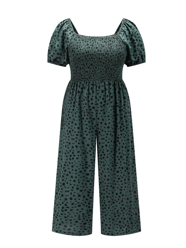  Ditsy Floral Print Shirred Vintage Jumpsuit, Boho Fashion Puff Sleeve Square Neck Jumpsuit for Daily Vacation Wear, Feminine One-Piece Outfits, Jumpsuits for Women, Women Plus Clothing for Summer