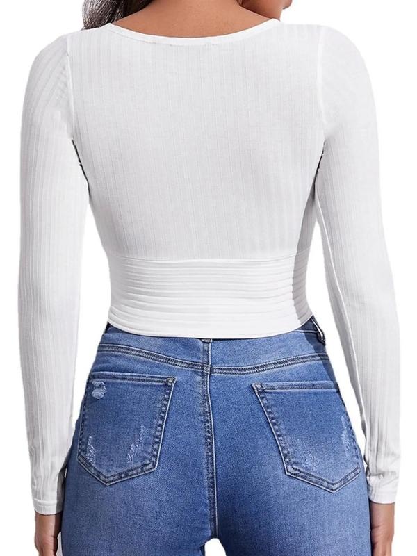 Women's Plain Deep V Neck Long Sleeve Crop Tee, Casual Basic Wrap T-shirt for Daily Wear, Ladies Clothes for All Seasons