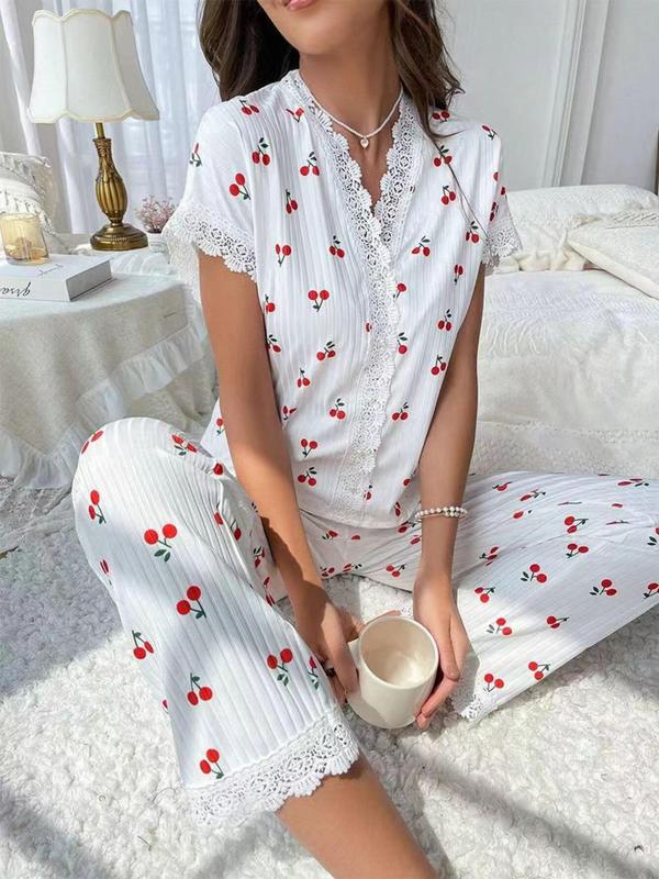 Two-Piece Set Women's Cherry Print Contrast Lace V Neck Pajama Set, Casual Comfy Short Sleeve Tee & Pants PJ Set, Ladies Sleepwear for All Seasons