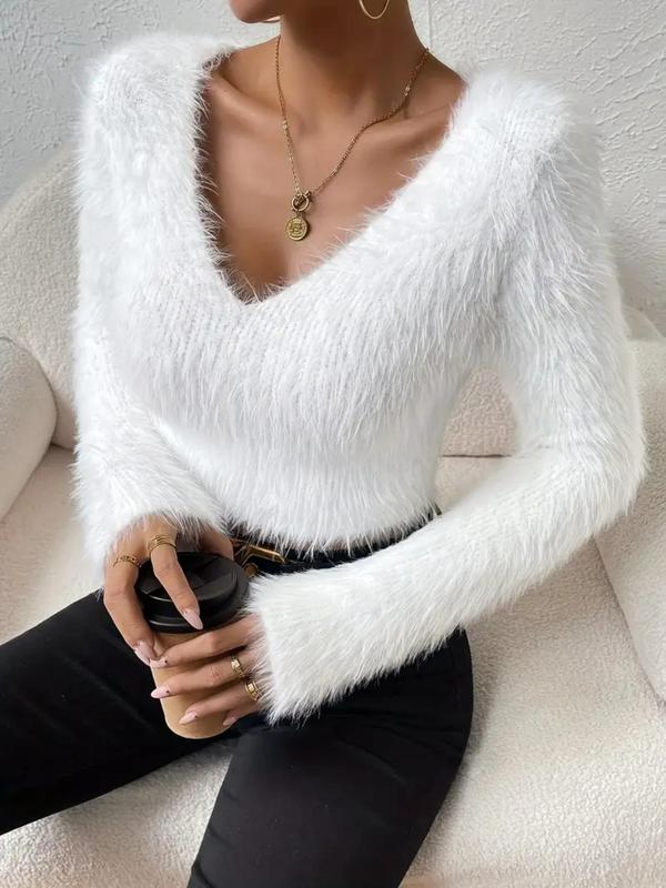 Women's Solid V Neck Fuzzy Crop Sweater, Casual Long Sleeve Jumper for Fall & Winter, Women's Knitwear for Daily Wear