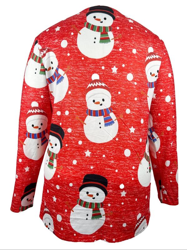  Snowman Print Open Front Coat, Casual Long Sleeve Outerwear for Fall & Winter, Women's Clothes for Daily Wear