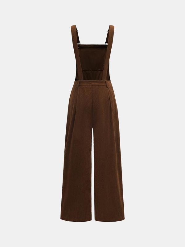 YOZY Women's Solid Button Pocket Ribbed Jumpsuit, Casual Adjustable Strap Square Neck Wide Leg Jumpsuit for Daily Wear, Ladies Clothes for All Seasons