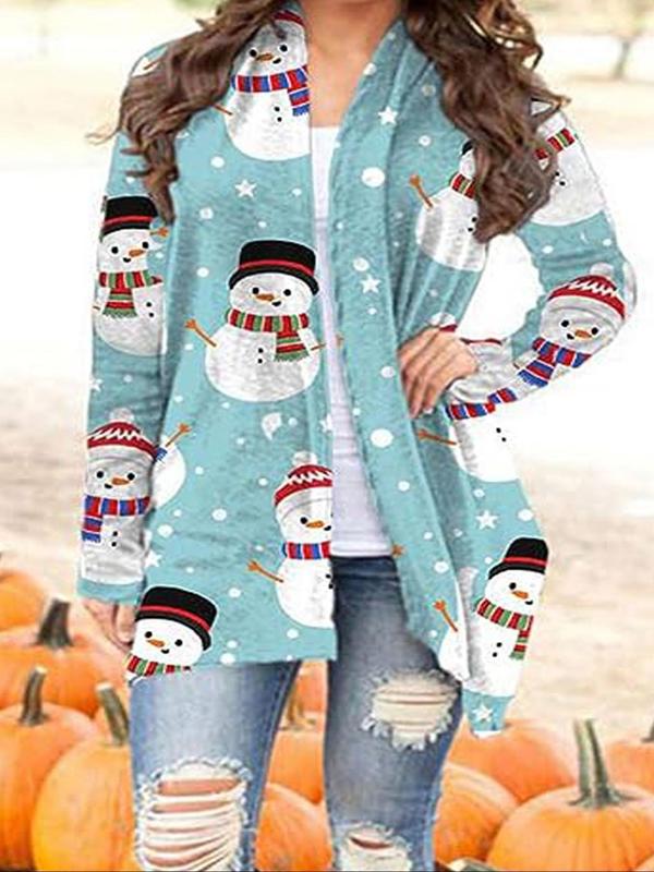  Snowman Print Open Front Coat, Casual Long Sleeve Outerwear for Fall & Winter, Women's Clothes for Daily Wear