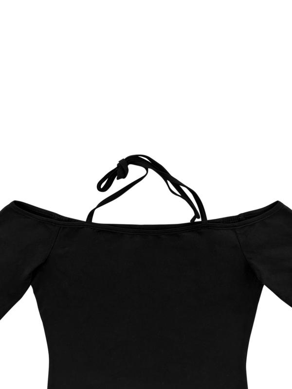 Women's Solid Off Shoulder Tie Back Halter Tee, Casual Long Sleeve T-shirt for Spring & Fall, T Shirts for Women, Lady's Top for Daily Wear