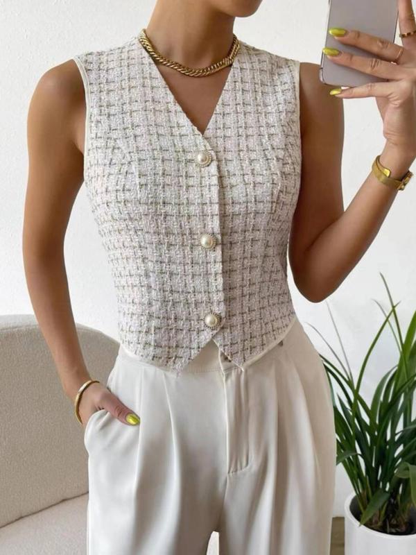 Women's Plaid Pattern Faux Pearl Button Front Asymmetrical Hem Vest, Chic Fitted V-neck Lady Tops, Fashion Blazer Vest for Office Wear, Vest Outfits for Women, Corporate Outfits Women, Women's Suits for Spring Fall, Going Out Tops, Summer Outfits 2024