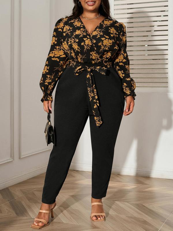 CURVZY Plus Size Floral Patchwork Print Pocket Belted Wrap Jumpsuit, Casual Long Sleeve V Neck Jumpsuit for Fall, Women's Clothes for Daily Wear,Thanksgiving Outfit,Black Friday Haul,Black Out Wednesday Outfits