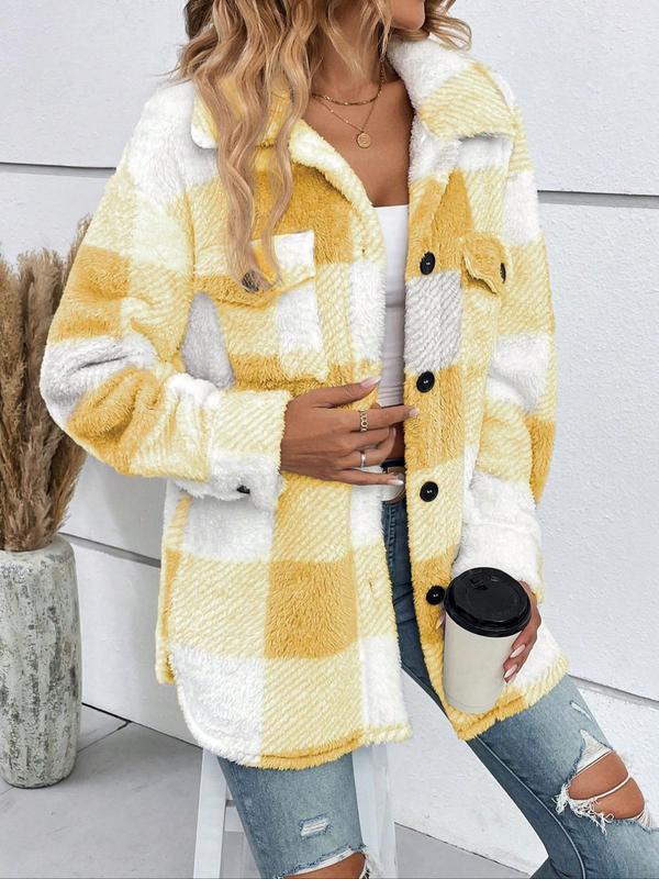 Women's Plaid Print Button Front Drop Shoulder Fuzzy Coat, Casual Long Sleeve Collared Flap Pocket Outerwear for Fall & Winter, Ladies Clothes for Daily Wear