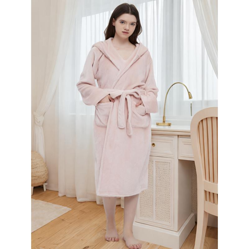 Long Sleeve Solid Fuzzy Hooded Robe With Belt, Women's Sleepwear Night Robe Women's Fabric Womenswear