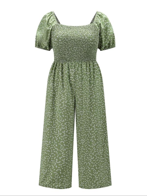  Ditsy Floral Print Shirred Vintage Jumpsuit, Boho Fashion Puff Sleeve Square Neck Jumpsuit for Daily Vacation Wear, Feminine One-Piece Outfits, Jumpsuits for Women, Women Plus Clothing for Summer