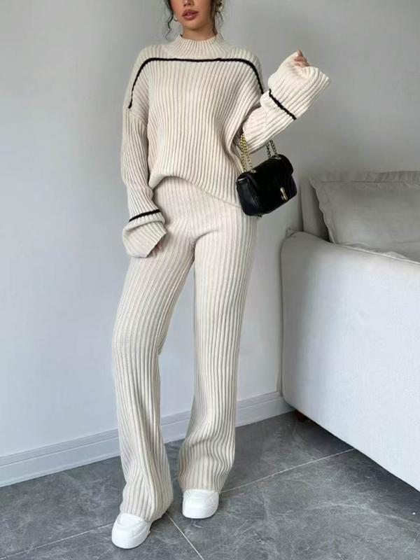 Women's Contrast Binding Drop Shoulder Sweater & Wide Leg Pants Two-piece Set, Casual Fashion Cozy Knitwear Set for Daily Outdoor Wear, Women Knitwear for Fall & Winter