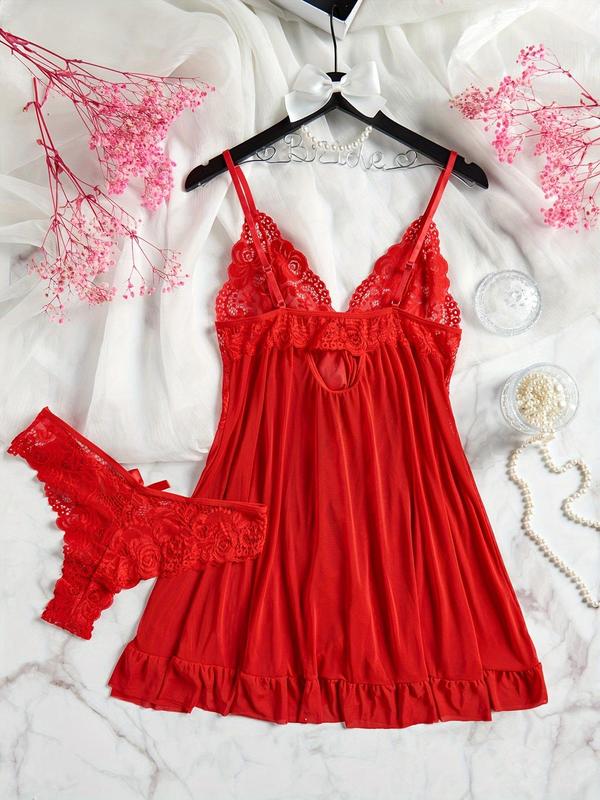 Women's Contrast Lace Bow Decor Cami Nightdress & Panty Two-piece Set, Split Hem Ruffle Trim Nightgown & Panty, Women's Sleepwear for All Seasons